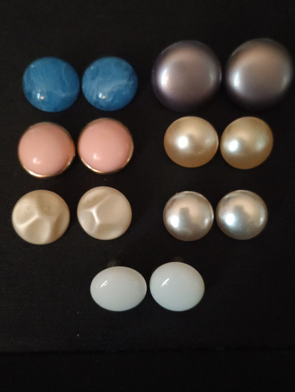 Vintage Signed  Clip-On Earrings Set in Blue, Pink, Champagne, Pearl, and White